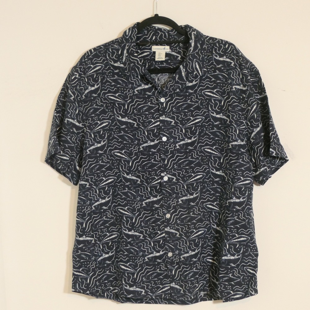 Caribbean Joe Mens Camp Shirt L Navy Linen Blend Fish Nautical Coastal Tropical